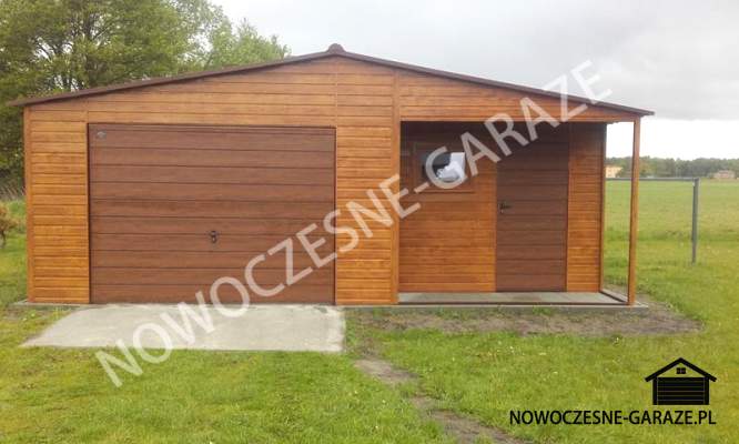 Garaż drewnopodobny 7x5m Kolor ścian: Złoty dąb jasny, Kolor bramy:  Orzech