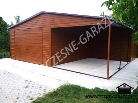 Garaż drewnopodobny 4m x 7m + wiata, Kolor ścian: Złoty Dąb Ciemny Kolor bramy: Złoty Dąb Ciemny