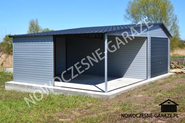 Garaż z blachy akrylowej 3,50m x 5m + wiata, Kolor ścian: Stalowy 9006, Kolor bramy: Grafit 7016
